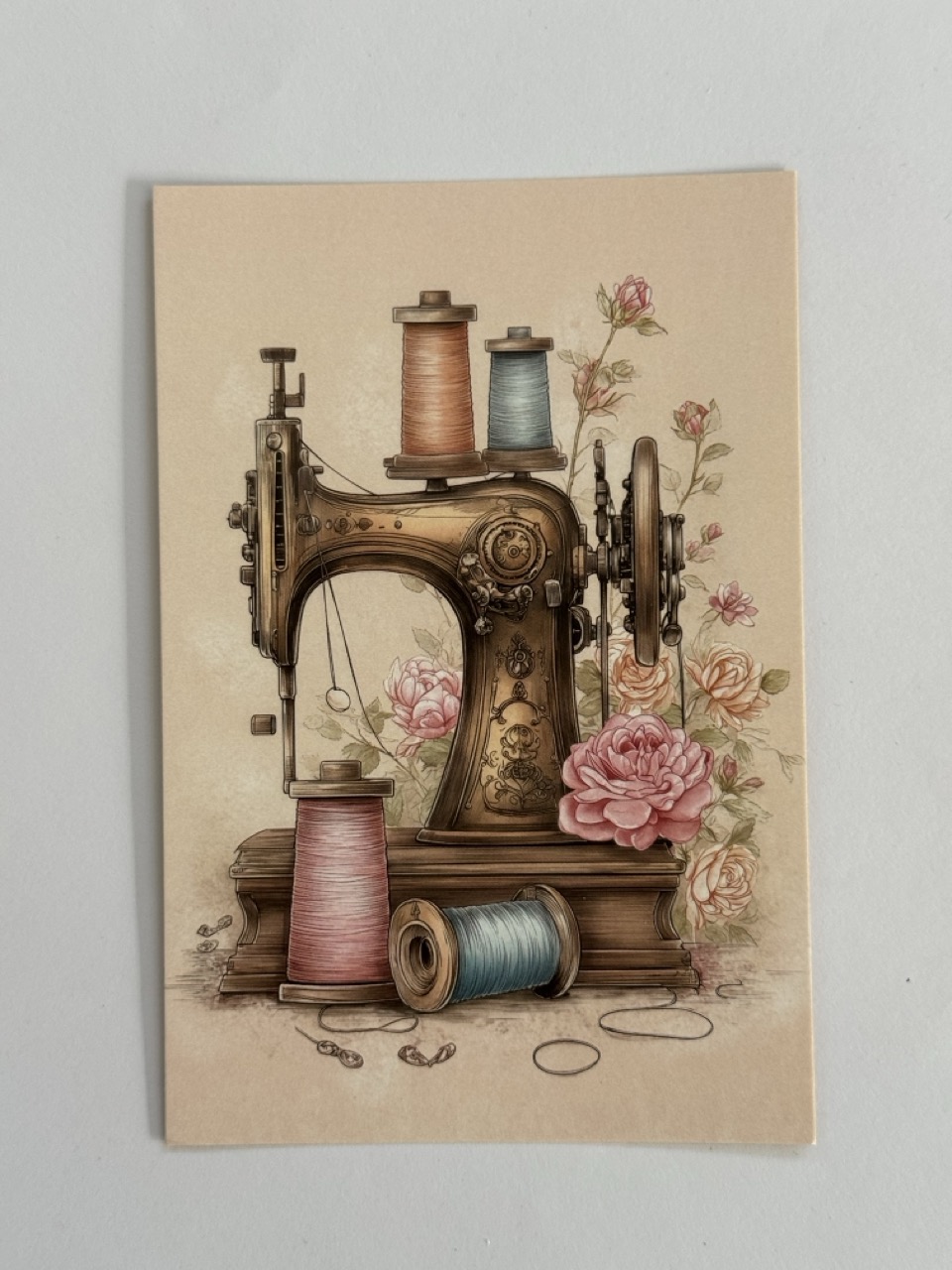 15cm x 10cm Post Card - Sewing Machine,Pink and Blue Reels