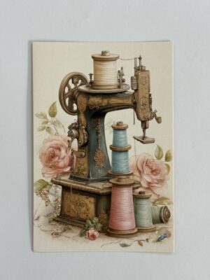 15cm x 10cm Post Card - Sewing Machine and Stacked Cotton Reels