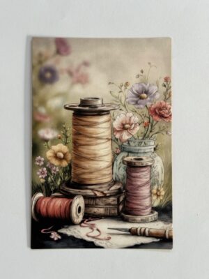 15cm x 10cm Post Card - Cream, Pink, Red Cotton Reel