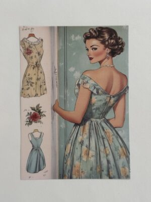 14cm x 10cm Paper - Vintage Woman in Blue Floral Dress