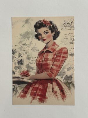 14cm x 10cm Paper - Vintage Woman Plaid Red Dress