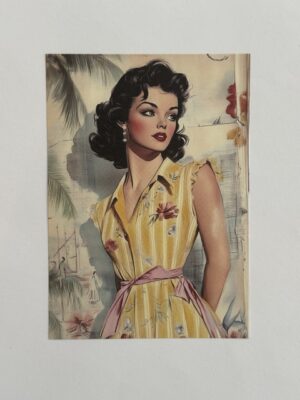 14cm x 10cm Paper - Vintage Woman Yellow Strip Dress