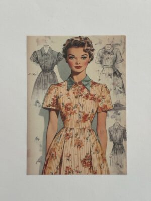 14cm x 10cm Paper - Vintage Women Pleated Dress