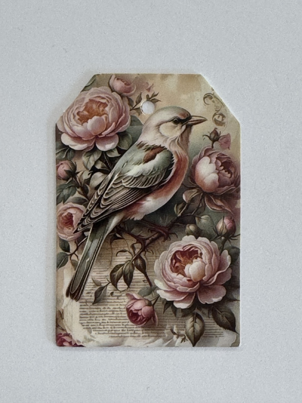 7.5cm x 5cm - Vintage Robin with Pink Roses