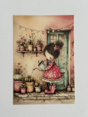 14.5cm x 10cm Post Card - Watering Plants Girl